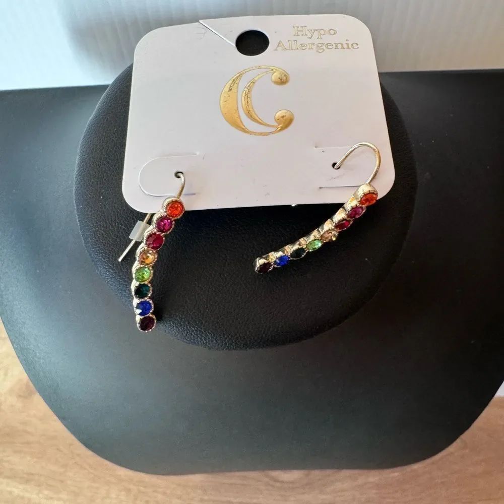 Charming Charlie NEW Rainbow Rhinestone Dangle Drop Earrings Gold Tone NWT